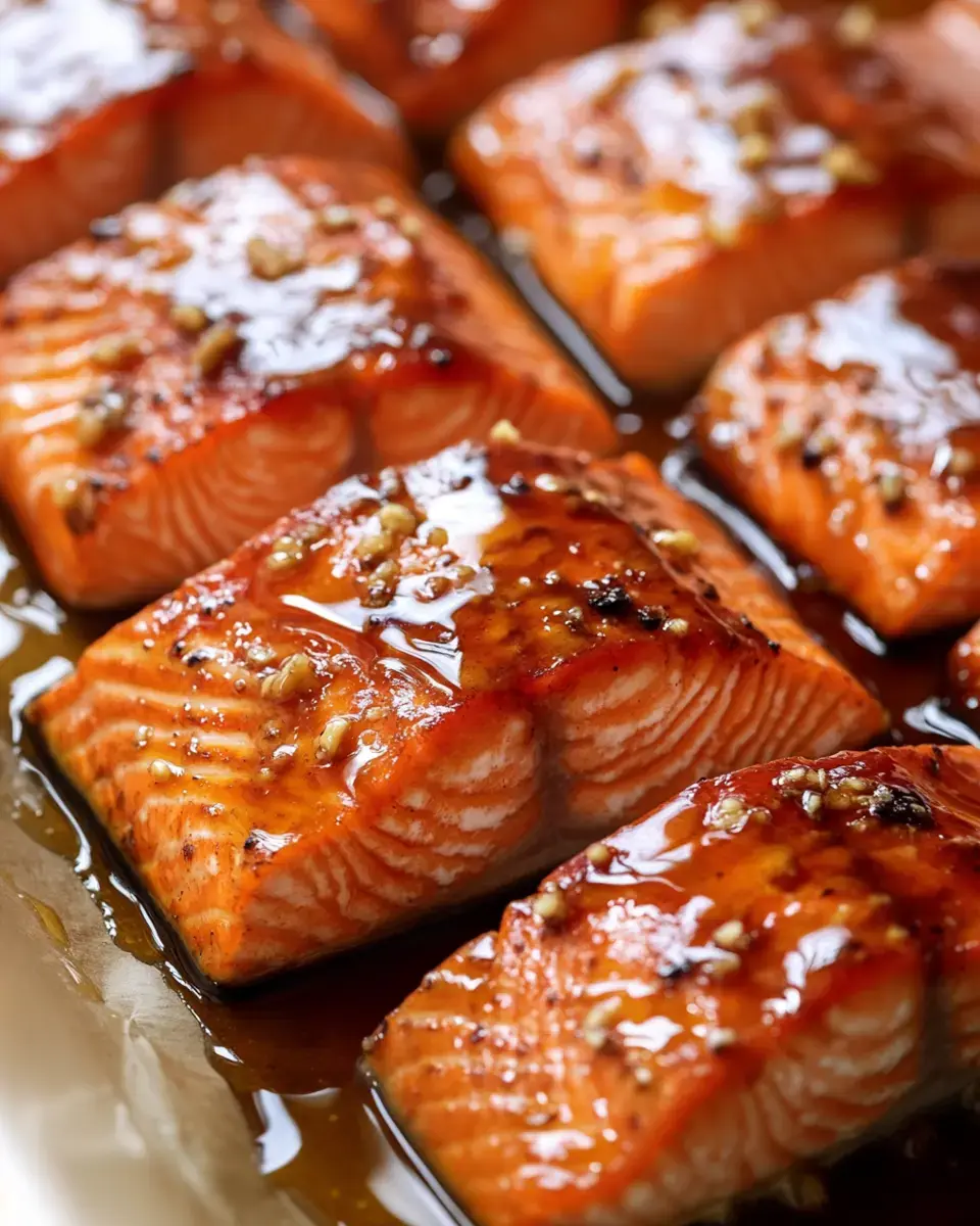 A close-up view of grilled salmon fillets glazed with a shiny sauce and sprinkled with minced garlic.