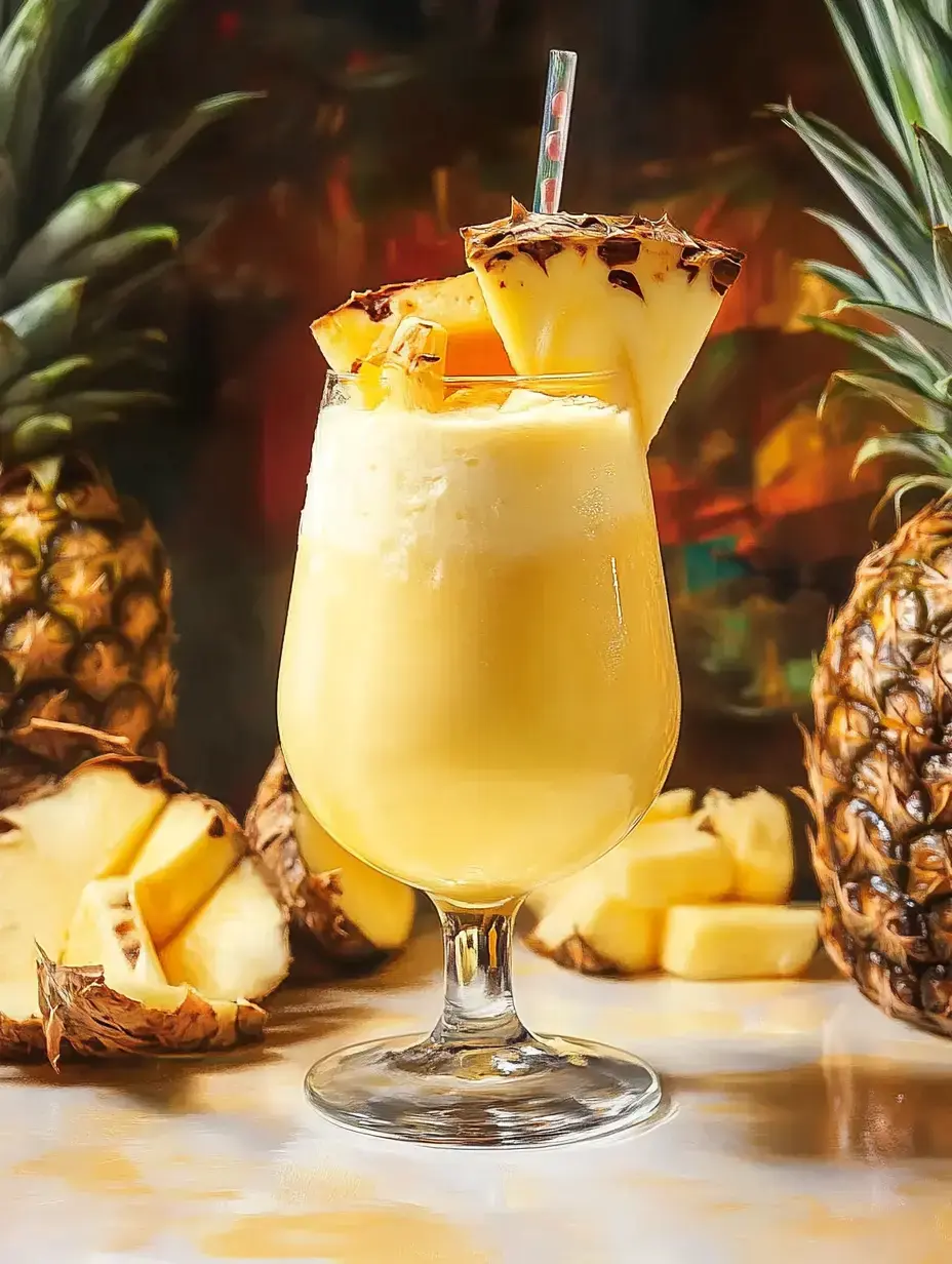 A vibrant glass of pineapple-themed beverage is garnished with a pineapple slice and accompanied by fresh pineapple pieces in the background.