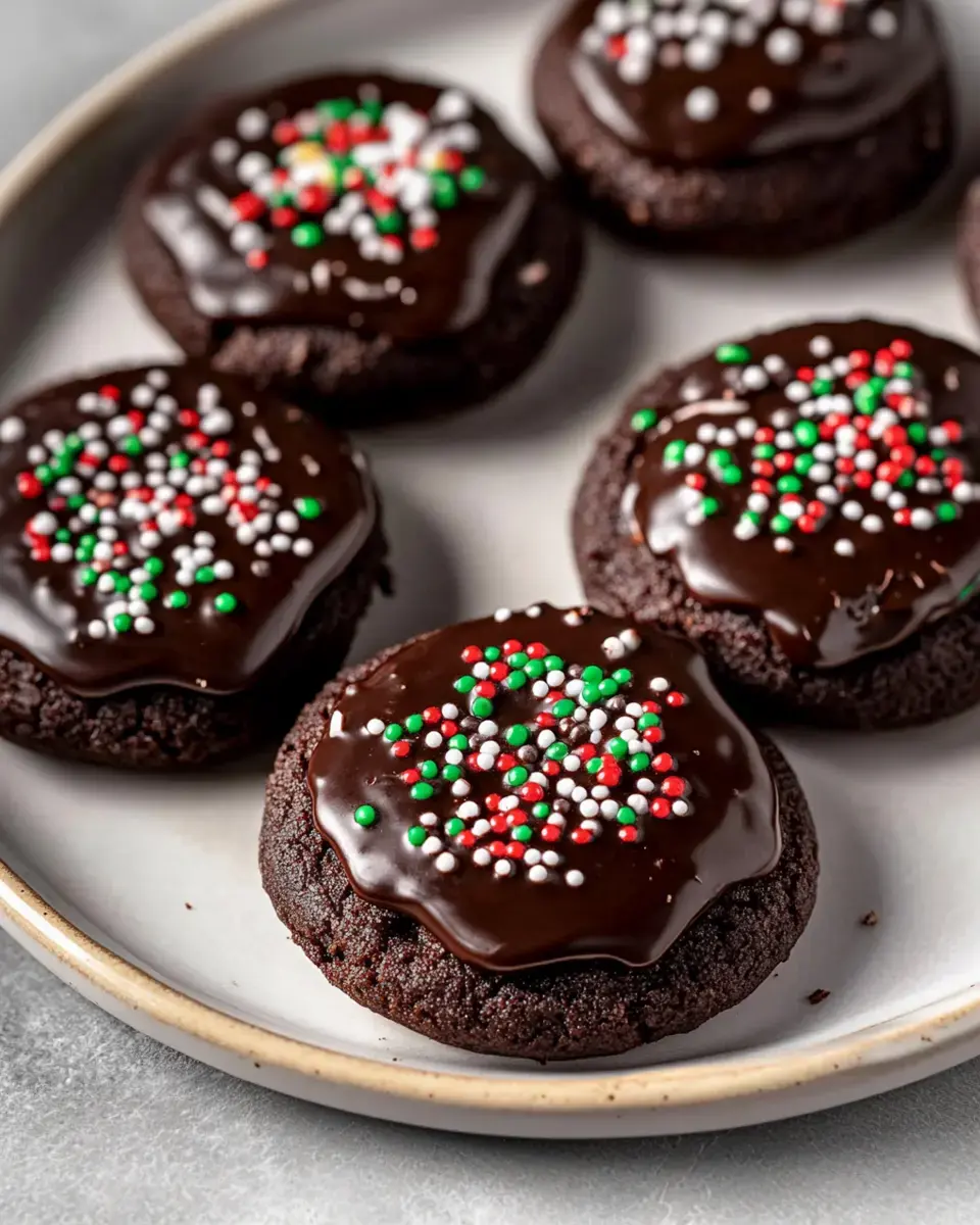 A plate of chocolate cookies topped with glossy chocolate icing and festive red, green, and white sprinkles.