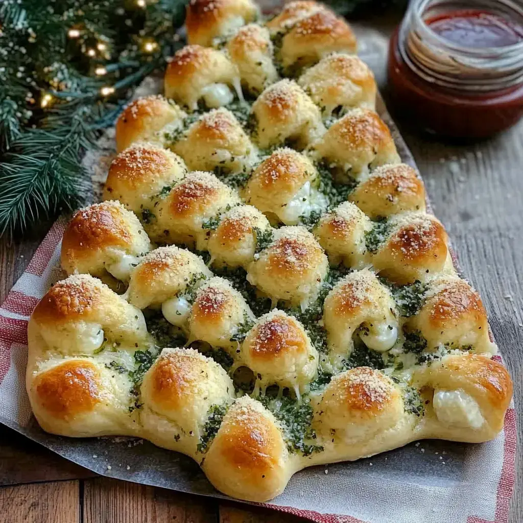 A baked bread shaped like a Christmas tree, topped with herbs and cheese, accompanied by a jar of marinara sauce.