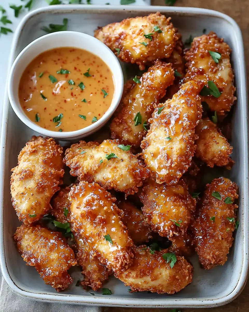 A platter of crispy fried chicken wings garnished with parsley, accompanied by a small bowl of dipping sauce.