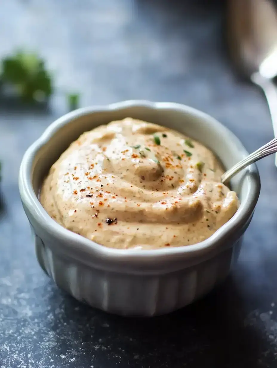 A small bowl of creamy sauce sprinkled with spices sits on a dark surface.