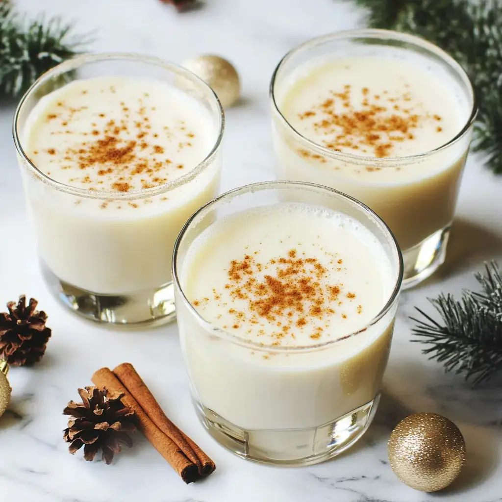 Three glasses of creamy eggnog topped with a sprinkle of cinnamon, surrounded by pinecones, cinnamon sticks, and festive decorations.