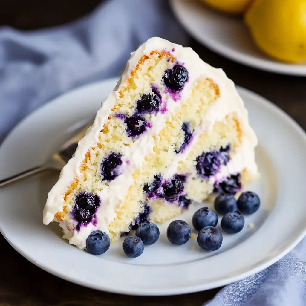 A slice of blueberry cake with cream frosting sits on a plate, surrounded by fresh blueberries and a light blue napkin in the background.