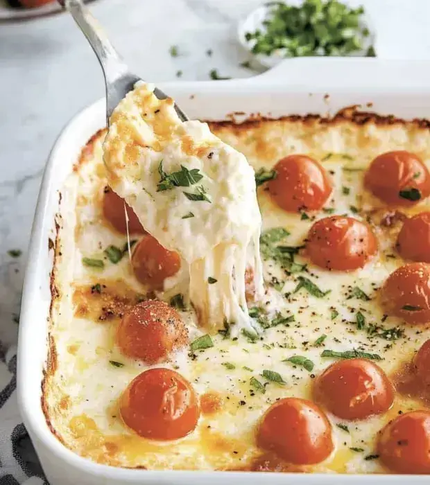 A serving spoon is lifting a cheesy, baked dish topped with cherry tomatoes and fresh herbs from a white baking dish.