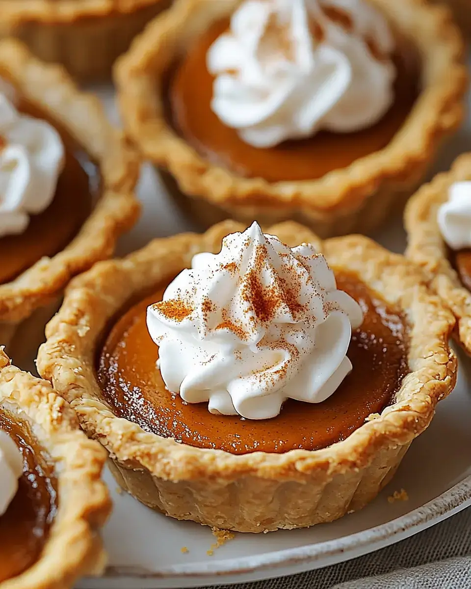 A close-up of miniature pumpkin pies topped with whipped cream and a sprinkle of cinnamon.