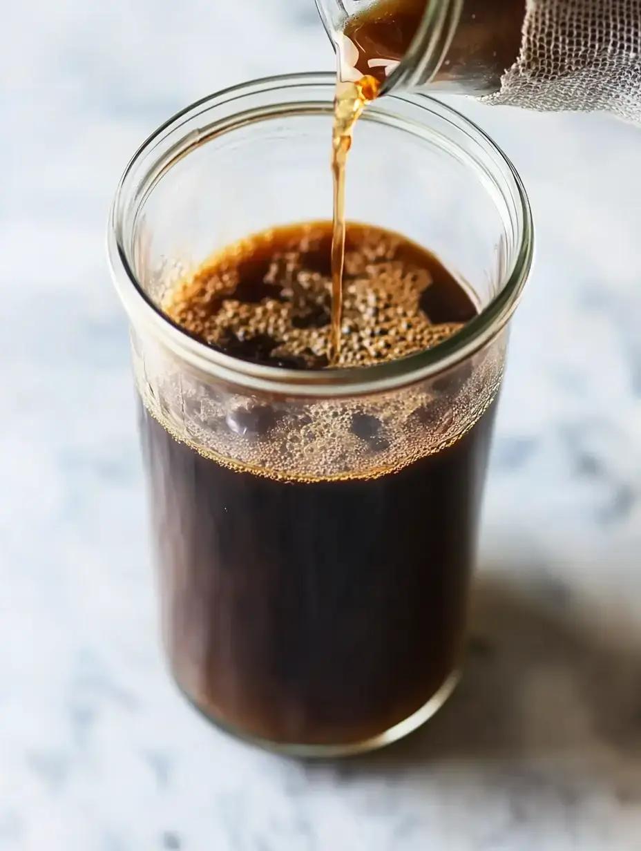 A glass jar is being filled with dark, brewed coffee.