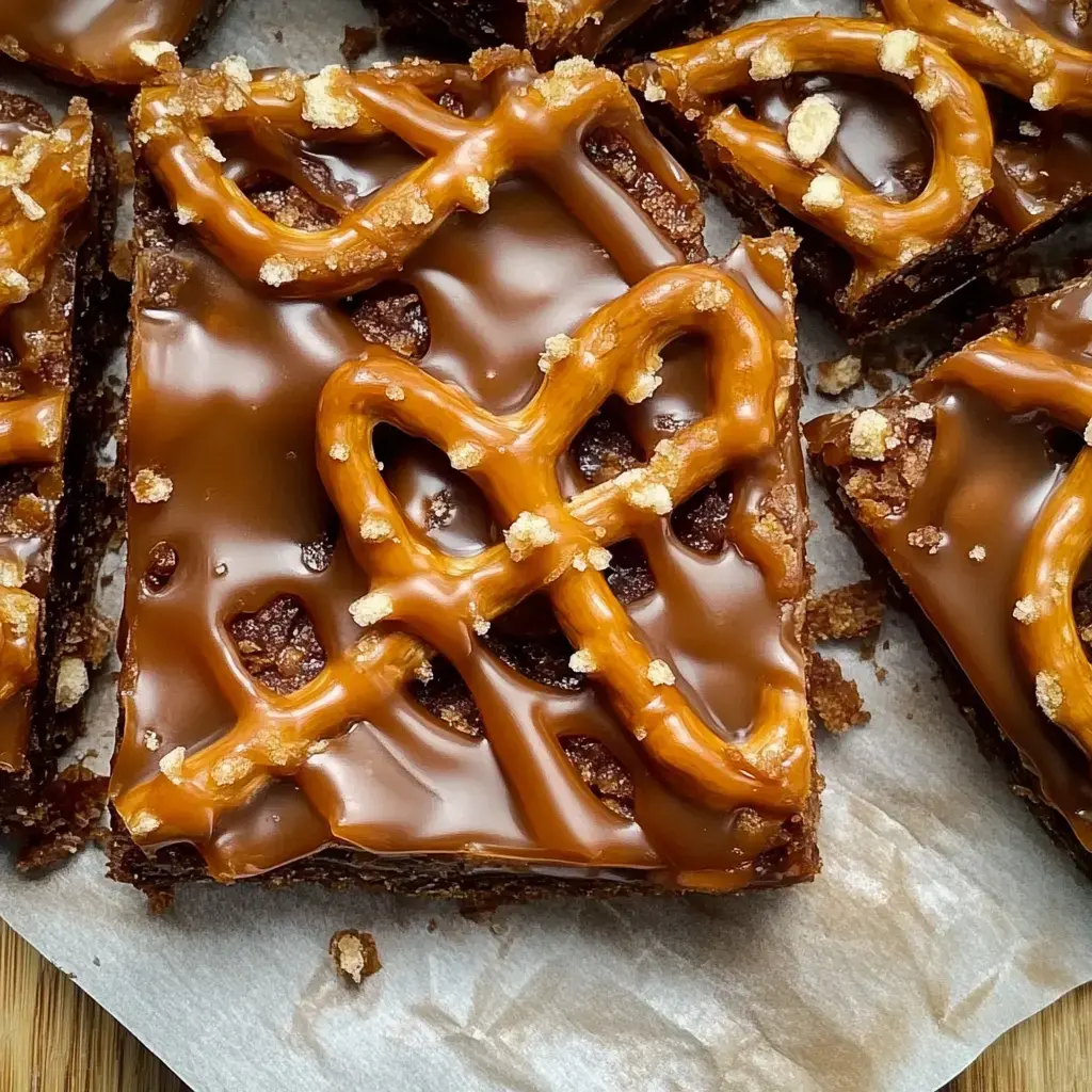 A close-up view of chocolate brownies topped with a glossy caramel drizzle and pretzel pieces.