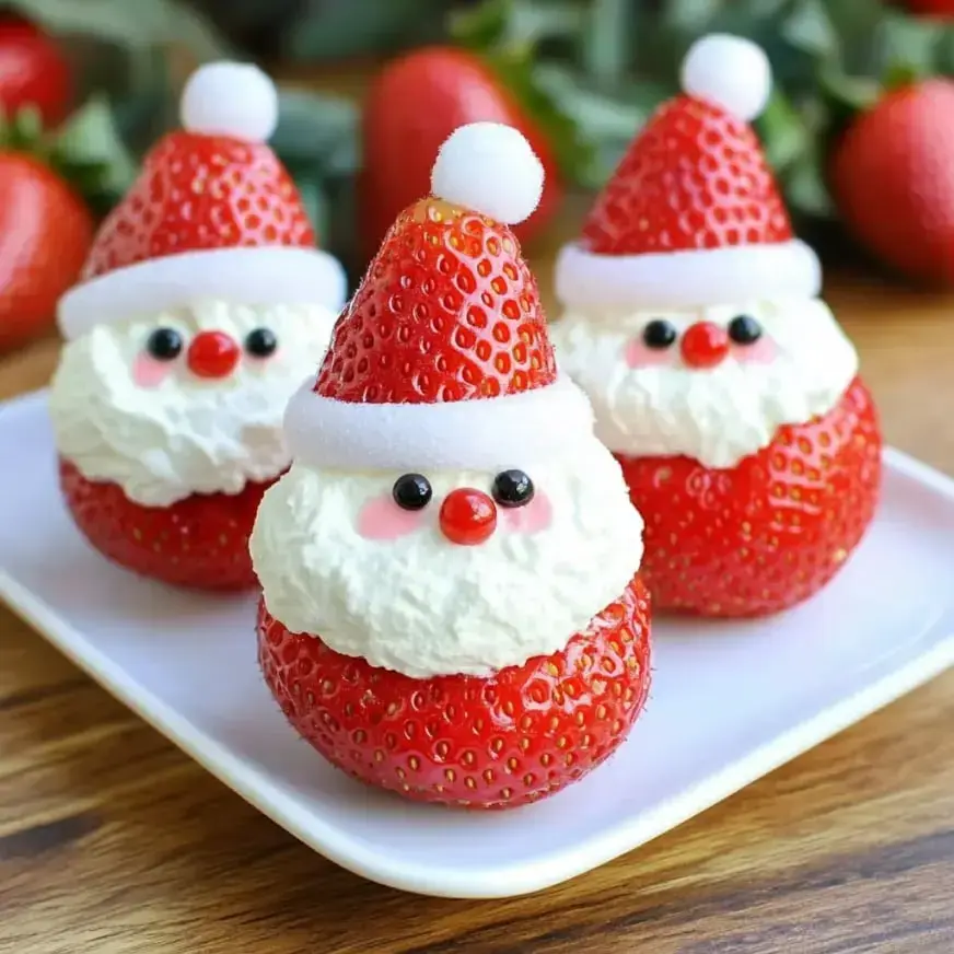 A plate of strawberries decorated to look like Santa Claus figures, complete with whipped cream faces, chocolate eyes, and red candy noses.