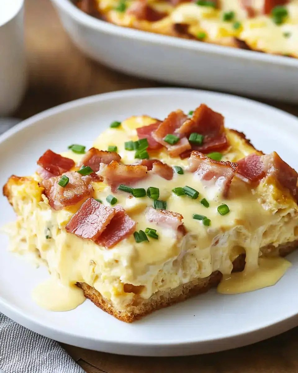 A slice of creamy casserole topped with bacon pieces and green onions is presented on a white plate.