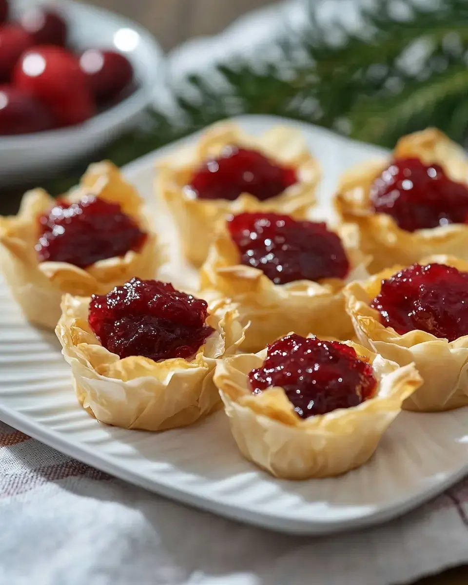 A plate of phyllo pastry cups filled with red fruit jam, surrounded by fresh cranberries and greenery.