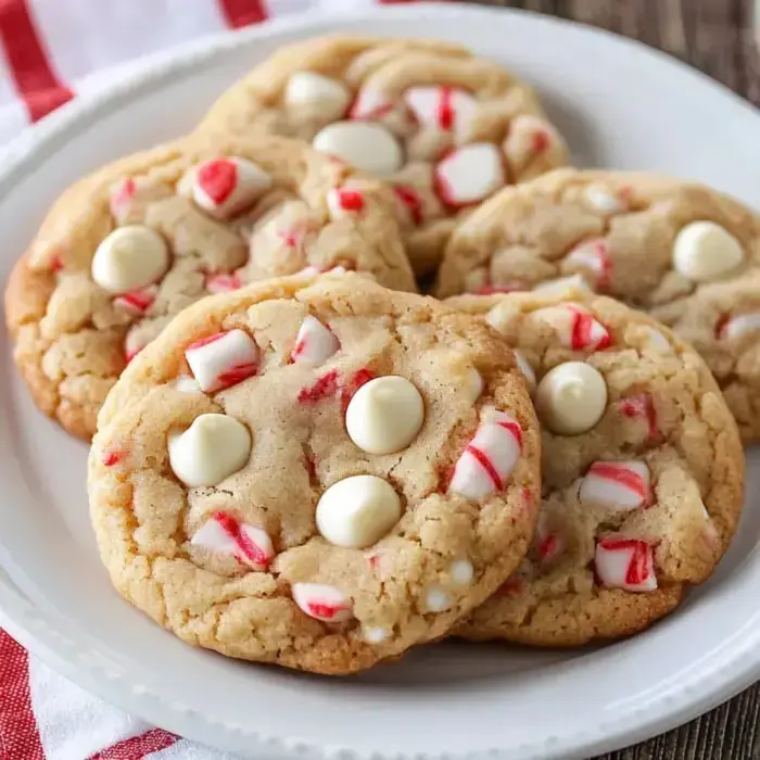 A plate of chewy cookies with white chocolate chips and pieces of peppermint candy.