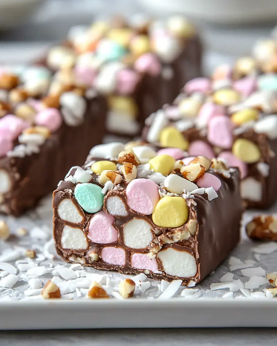 A close-up of a chocolate candy bar filled with colorful marshmallows, nuts, and coconut flakes, sitting on a white plate.