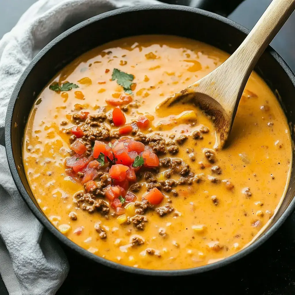 A creamy soup with ground beef, diced tomatoes, and herbs is being stirred with a wooden spoon in a black bowl.