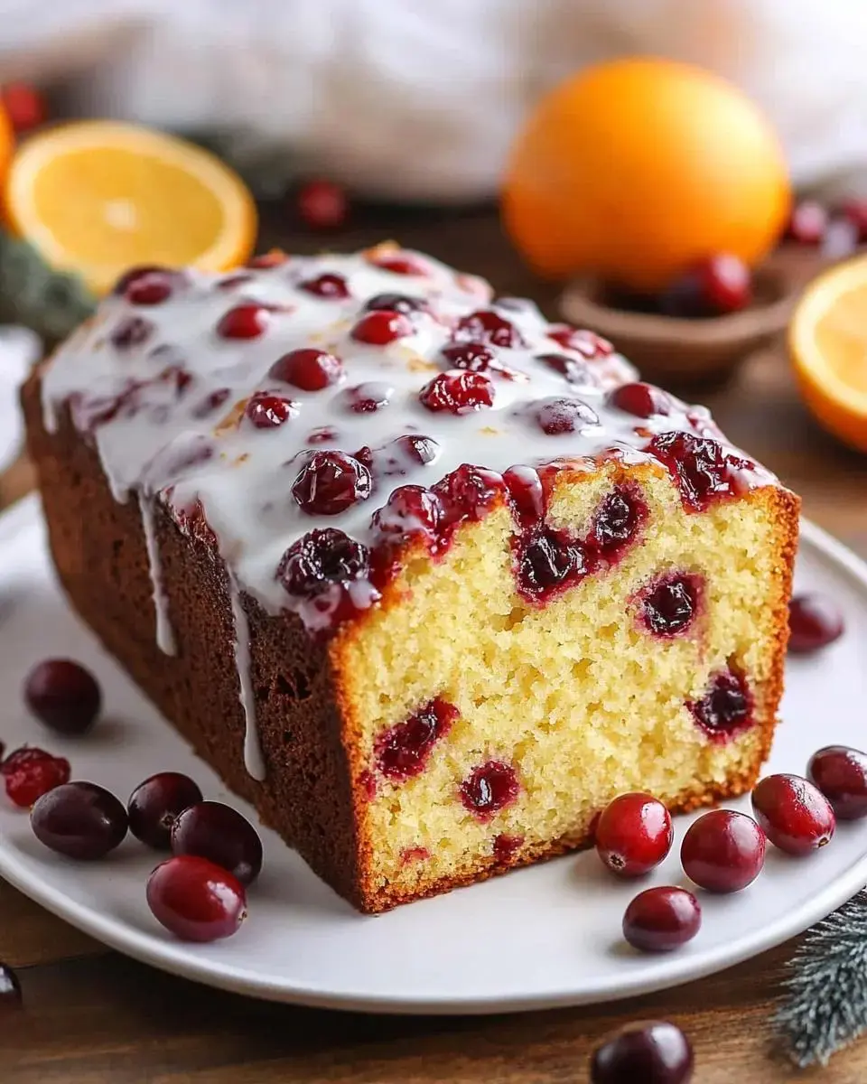 A sliced loaf cake topped with cranberries and white glaze is displayed on a plate, surrounded by fresh cranberries and oranges.