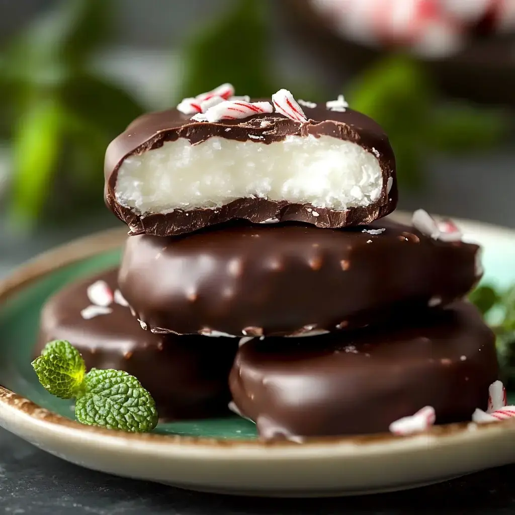 A stack of chocolate-covered mint candies, with one piece showing a creamy mint filling and topped with small peppermint pieces.