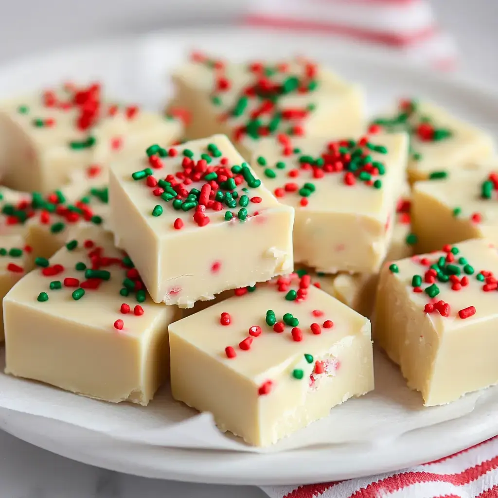 A plate of festive white fudge topped with red and green sprinkles, arranged in neat squares.