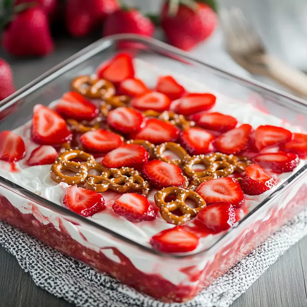 A glass dish filled with layers of whipped cream, strawberries, and pretzels, garnished with fresh strawberries on top.