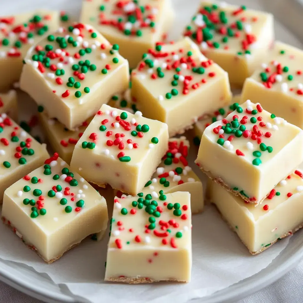 A close-up of festive white chocolate fudge squares topped with red, green, and white sprinkles, arranged on a platter.