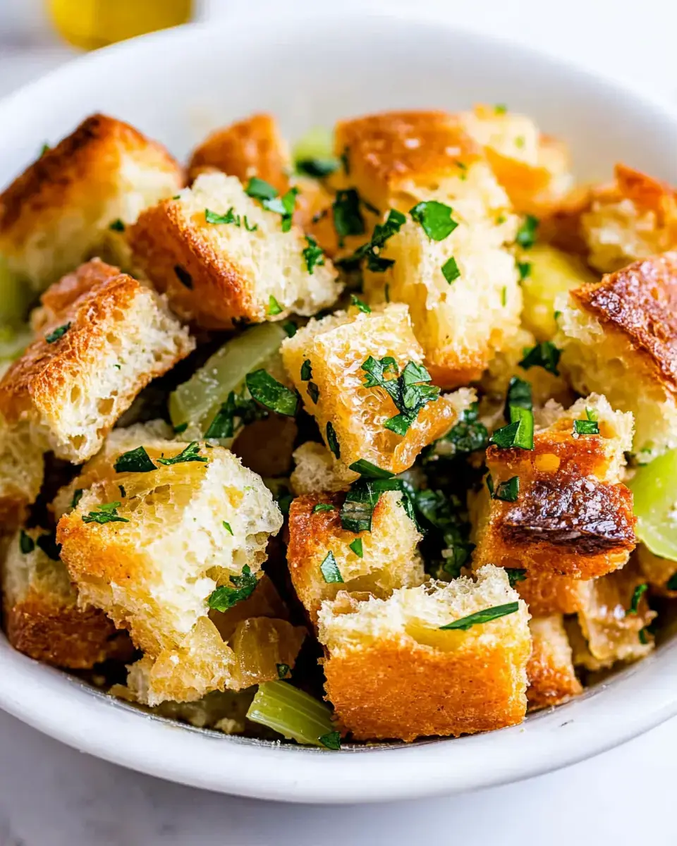 A bowl filled with golden-brown bread cubes mixed with celery and fresh herbs.