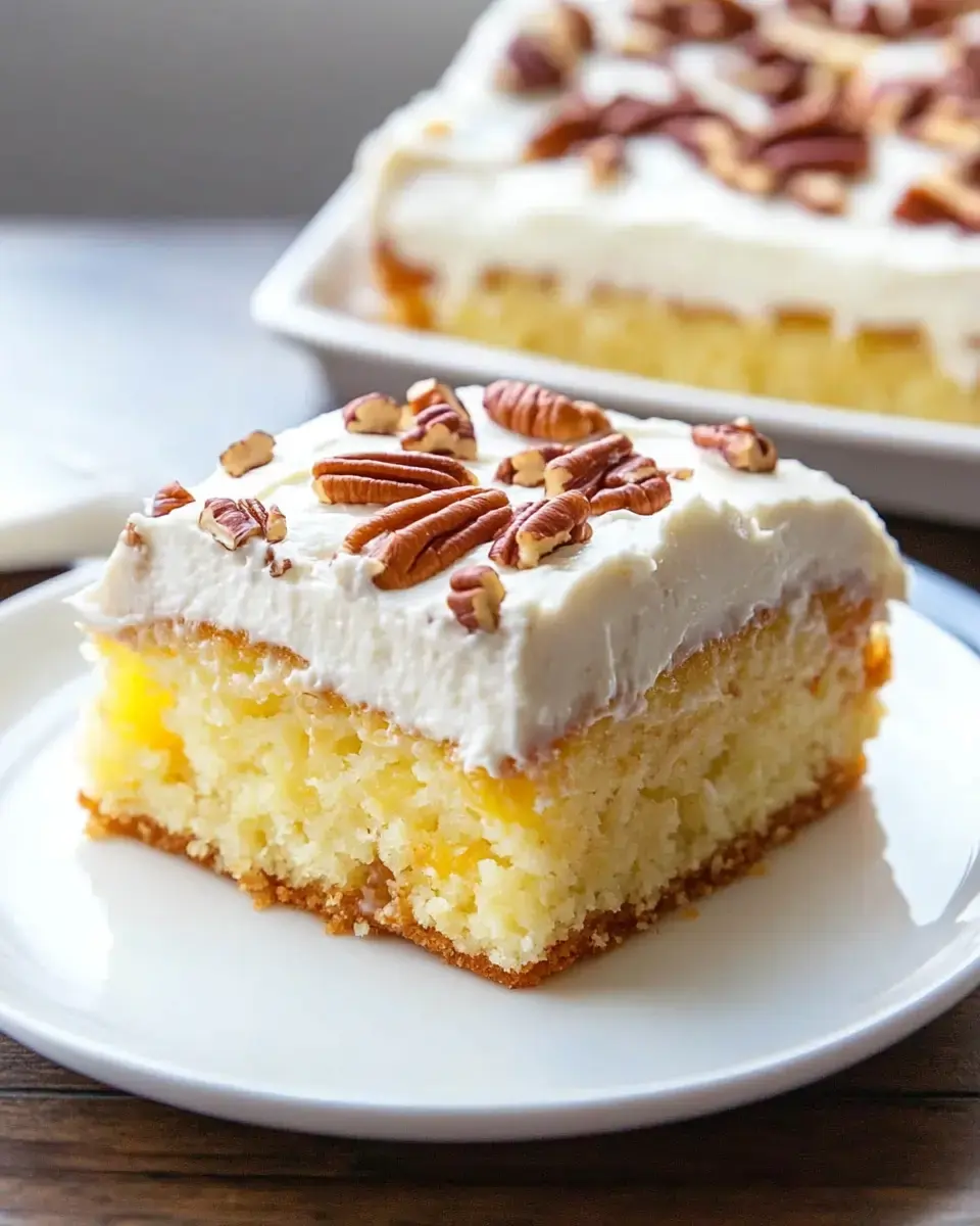 A slice of moist cake topped with creamy frosting and chopped pecans, served on a white plate.