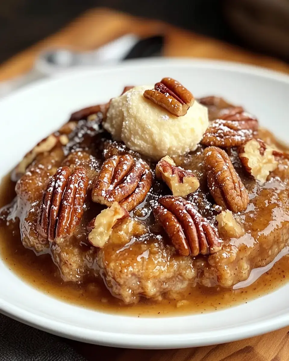 A close-up of a warm dessert topped with pecans and a scoop of cream, served on a white plate drizzled with syrup.