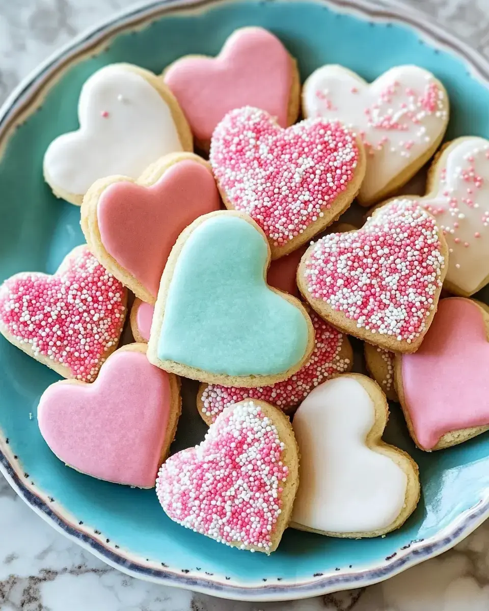 A colorful assortment of heart-shaped cookies, iced in pastel pink, white, and mint green, with some decorated with sprinkles, arranged on a teal plate.