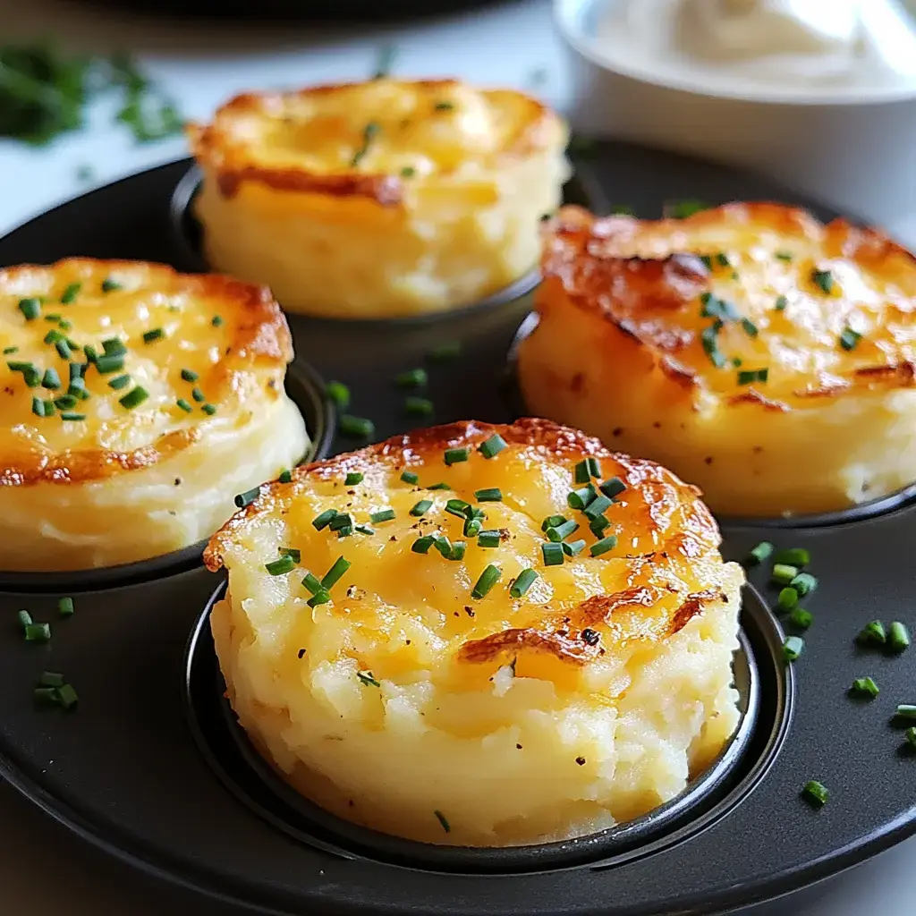 Four golden-brown, cheesy potato soufflés are arranged in a muffin tin, garnished with chopped chives.