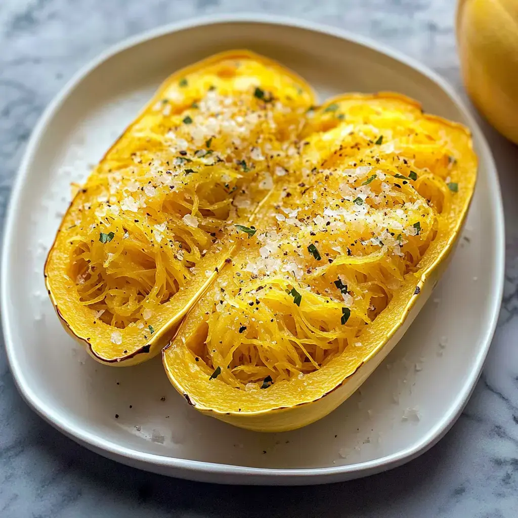 A halved and roasted spaghetti squash is garnished with salt, pepper, and parsley on a white plate.