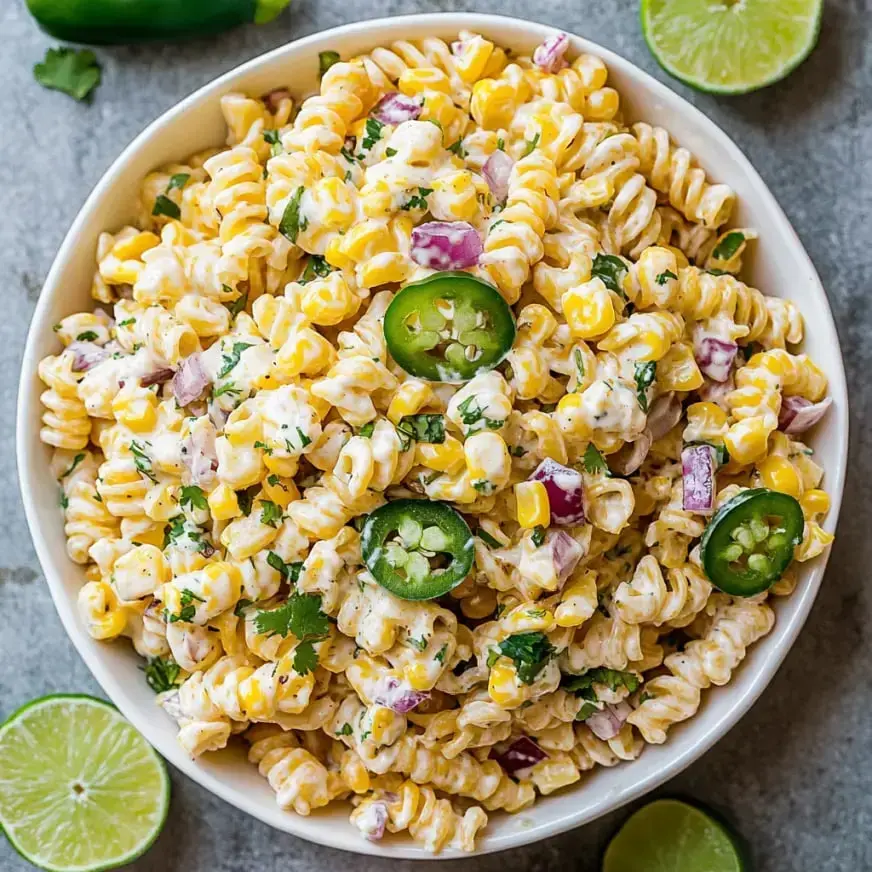 A bowl of creamy pasta salad with corn, jalapeños, red onion, and cilantro, garnished with lime wedges.