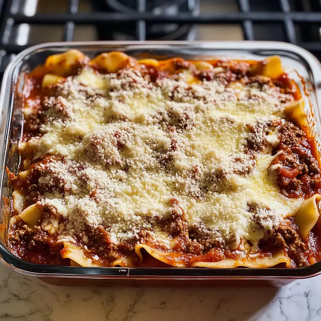 A freshly baked lasagna with layers of pasta, meat sauce, and melted cheese in a glass baking dish.