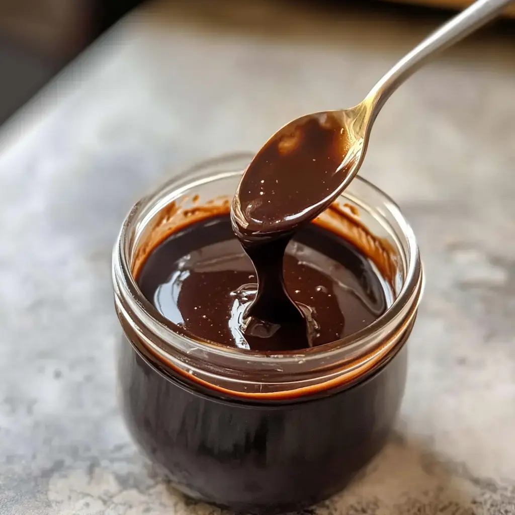 A spoon is lifting rich chocolate sauce from a glass jar.