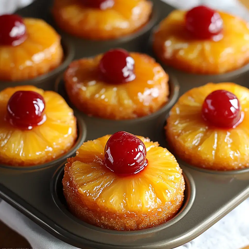 A tray of miniature pineapple upside-down cakes topped with maraschino cherries.