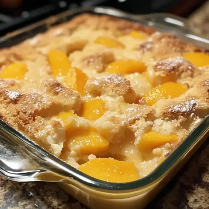 A baked dessert with a golden crust, topped with pieces of juicy peach, served in a glass dish.