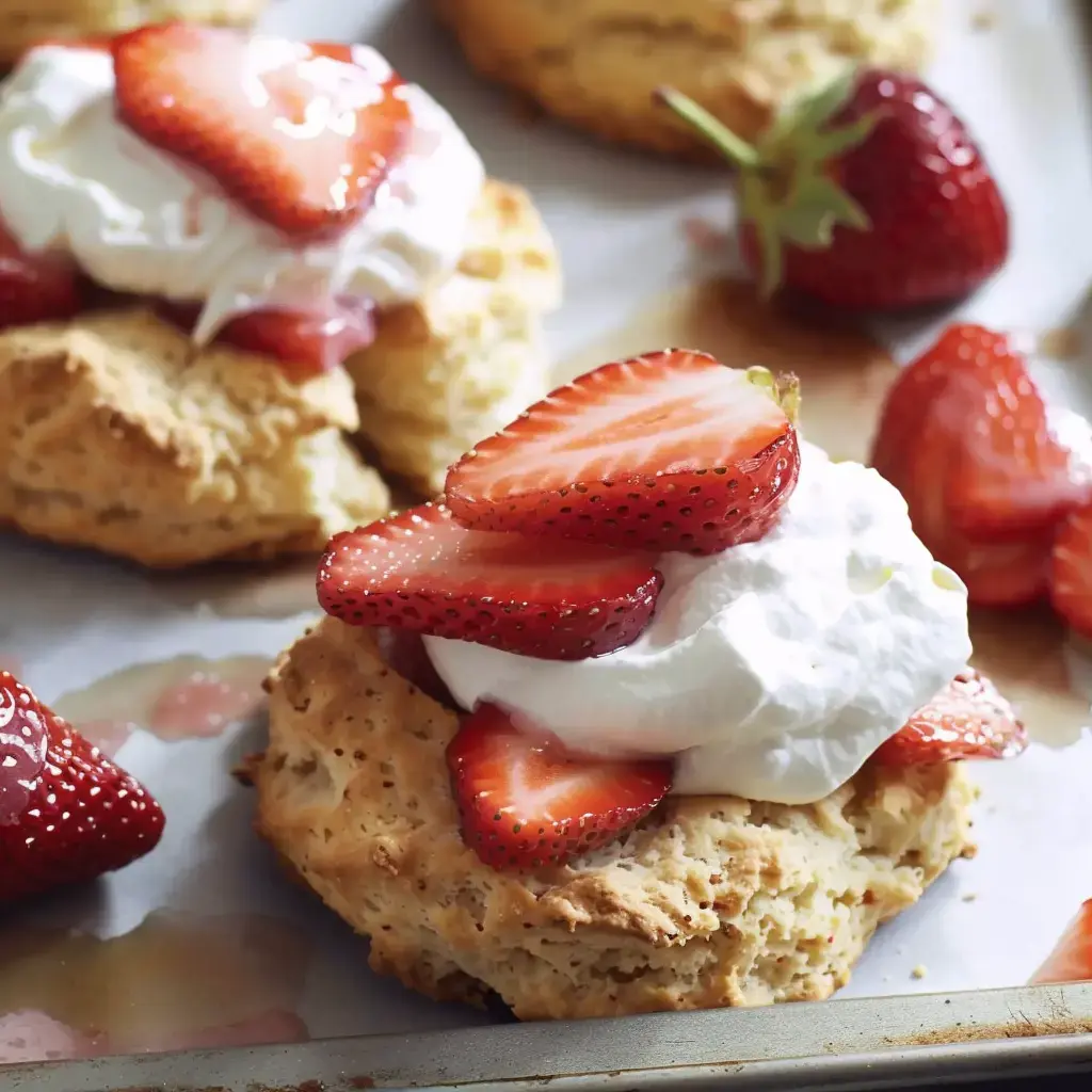 A close-up of freshly baked biscuits topped with whipped cream and sliced strawberries on a baking sheet.