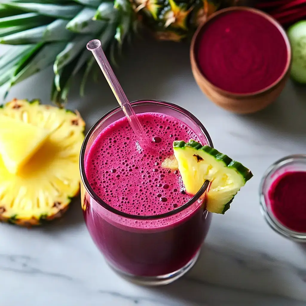 A vibrant pink beverage garnished with a slice of pineapple, surrounded by fresh pineapple and a small bowl of beet puree.