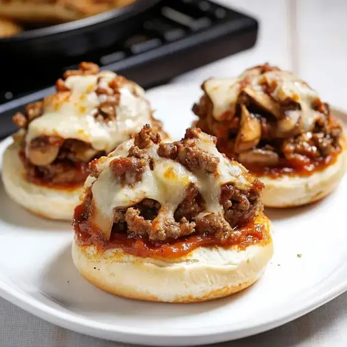 Three toasted buns topped with seasoned ground beef, marinara sauce, mushrooms, and melted cheese are displayed on a plate.