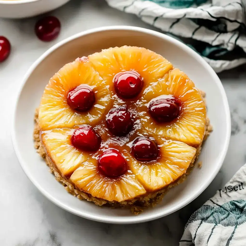 A round pineapple upside-down cake topped with red cherries, served on a white plate.