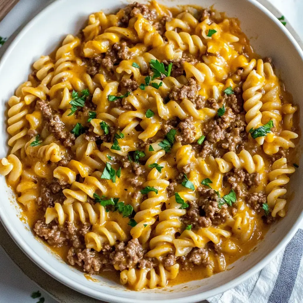 A bowl of cheesy rotini pasta mixed with ground beef, garnished with chopped parsley.