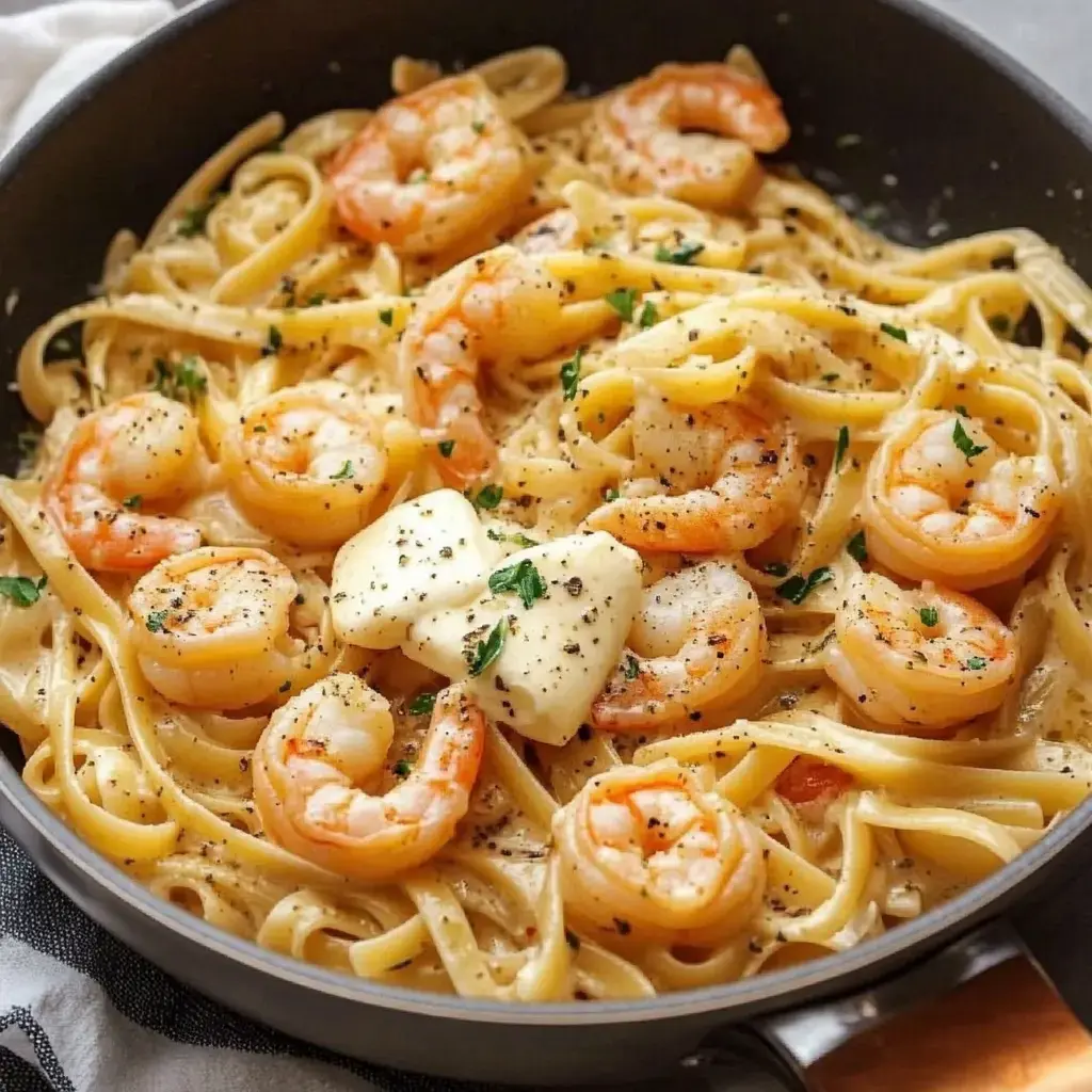 A close-up of a skillet filled with creamy fettuccine pasta topped with shrimp and garnished with parsley and a pat of butter.