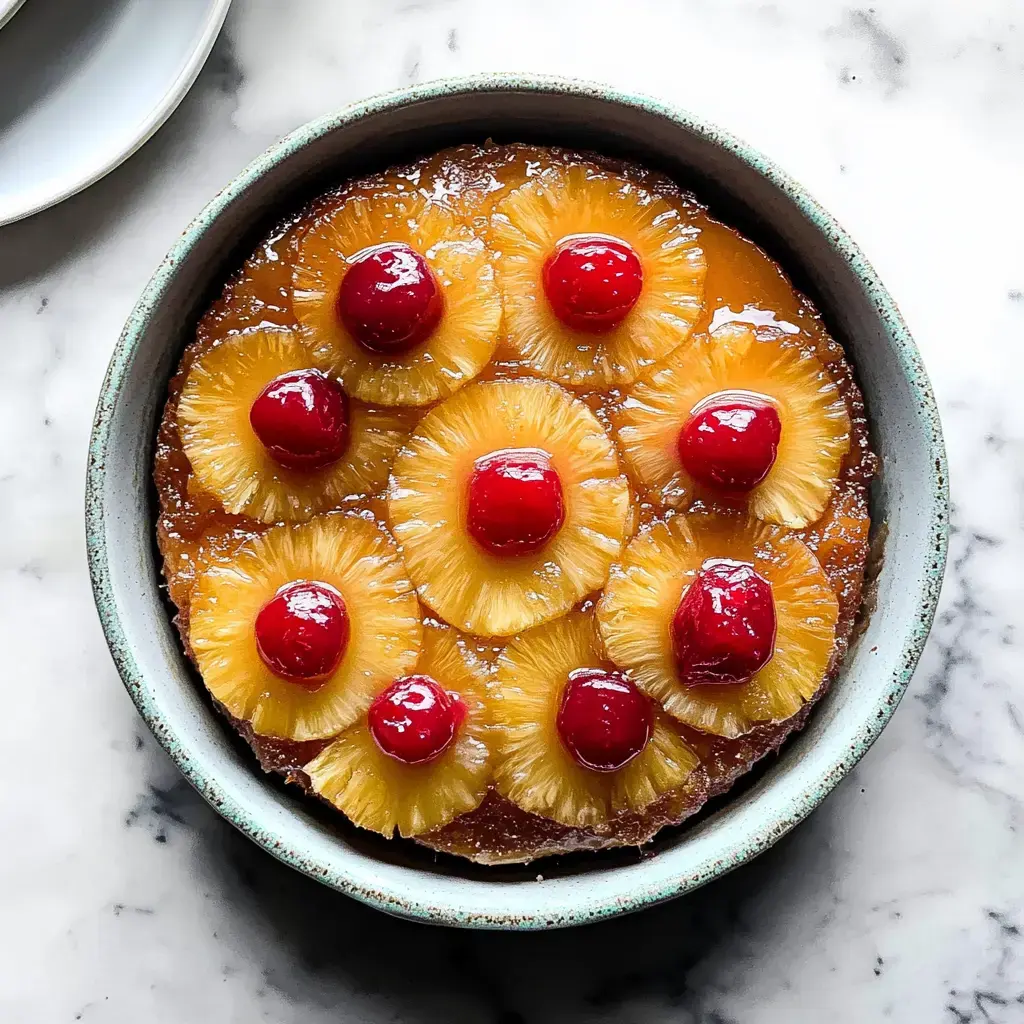 A round cake topped with glazed pineapple rings and cherries, served in a light blue dish.