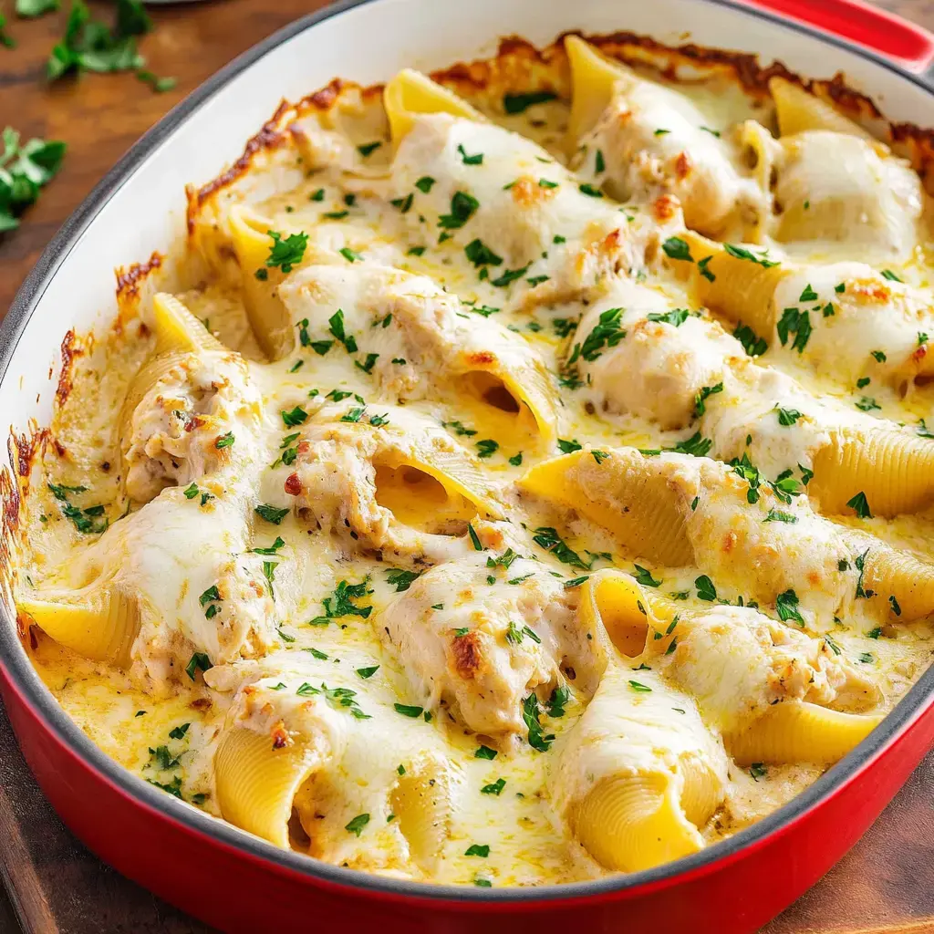 A red baking dish filled with large stuffed pasta shells topped with melted cheese and sprinkled with fresh parsley.