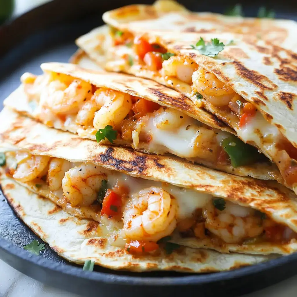 A close-up of three shrimp quesadillas filled with melted cheese and diced tomatoes, served on a dark plate.