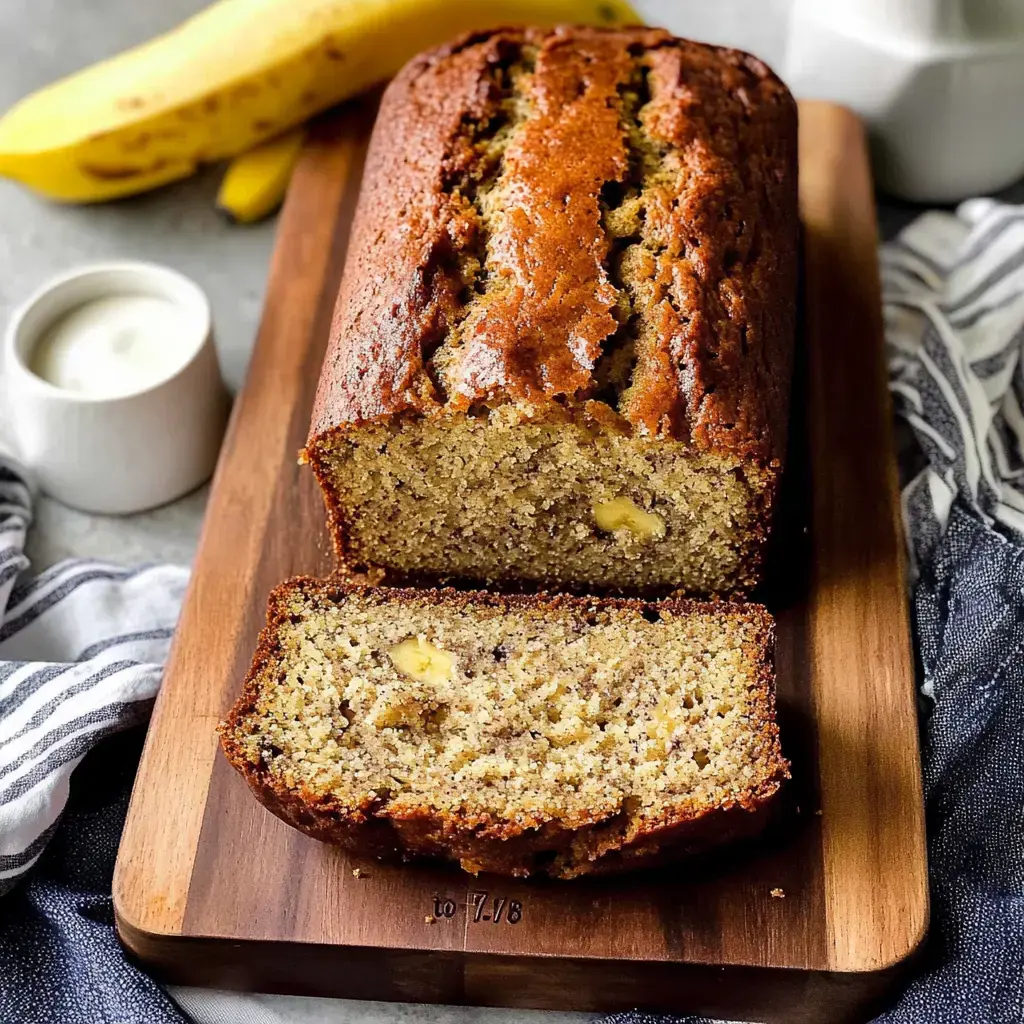 A sliced loaf of banana bread sits on a wooden cutting board, accompanied by a whole banana and a small dish of cream.