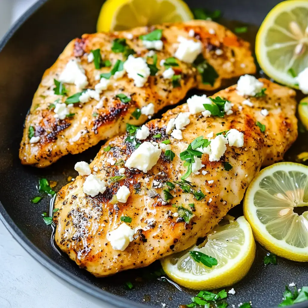 Two grilled chicken fillets topped with crumbled feta cheese and chopped parsley, served with lemon slices in a black skillet.