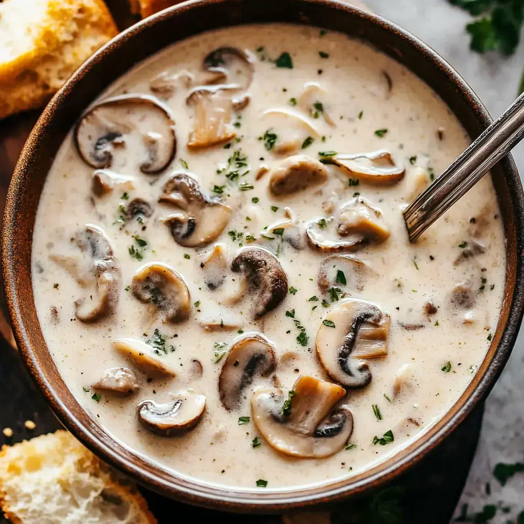 A bowl of creamy mushroom soup garnished with parsley, accompanied by pieces of bread.