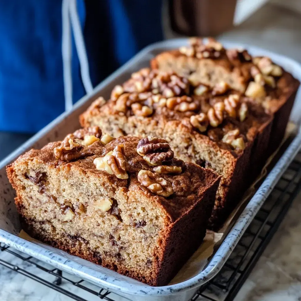 A freshly baked loaf of nut bread topped with walnut pieces, displayed on a wire rack.