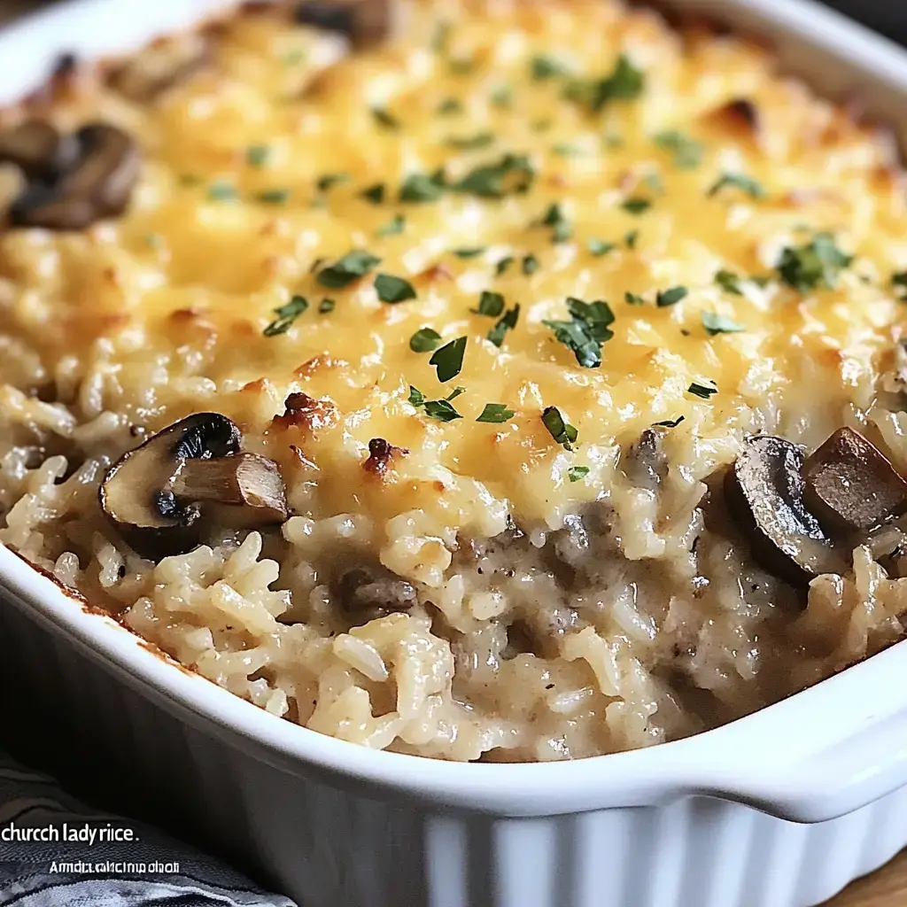 A close-up view of a creamy baked rice dish topped with melted cheese and garnished with chopped parsley and mushrooms.