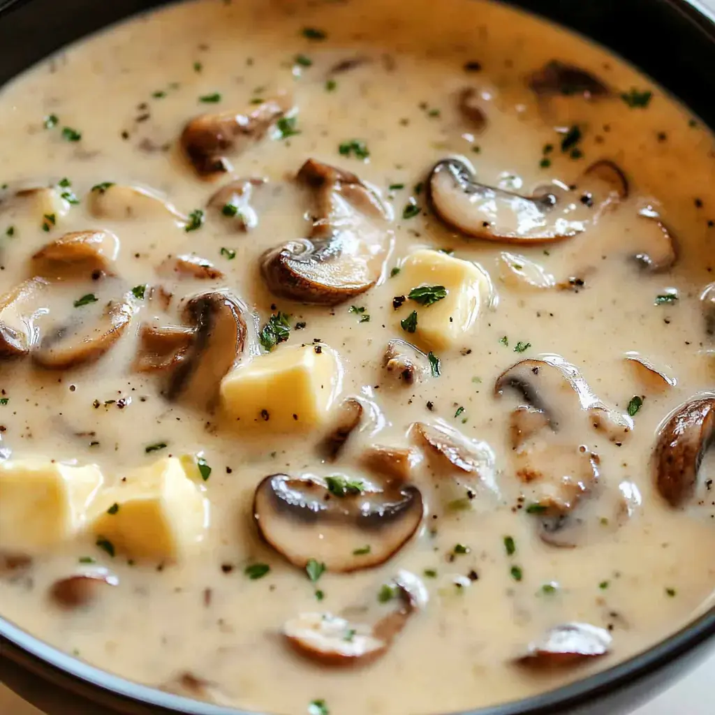 A creamy soup with sliced mushrooms and chunks of butter, garnished with parsley, in a black bowl.