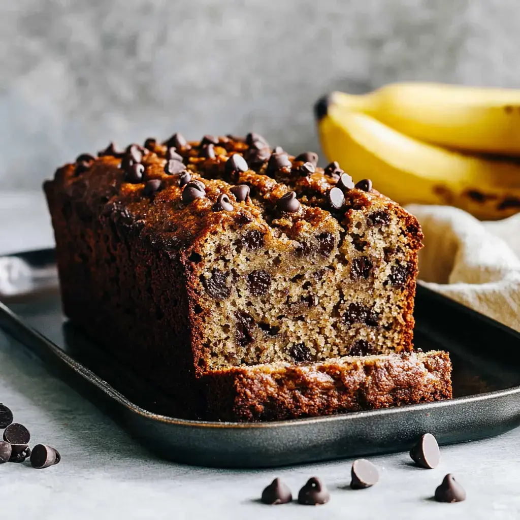 A sliced loaf of banana bread topped with chocolate chips sits on a tray, with a few chocolate chips scattered nearby and bananas in the background.